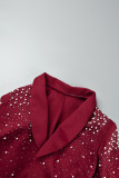 Burgundy Casual Daily Solid Patchwork Beading Turn-back Collar Outerwear