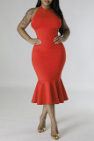 Red Sexy Formal Solid Backless Halter Evening Dress Dresses