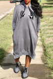 Red Casual Print Basic Hooded Collar Long Sleeve Dresses