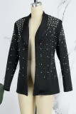 Black Casual Daily Solid Patchwork Beading Turn-back Collar Outerwear