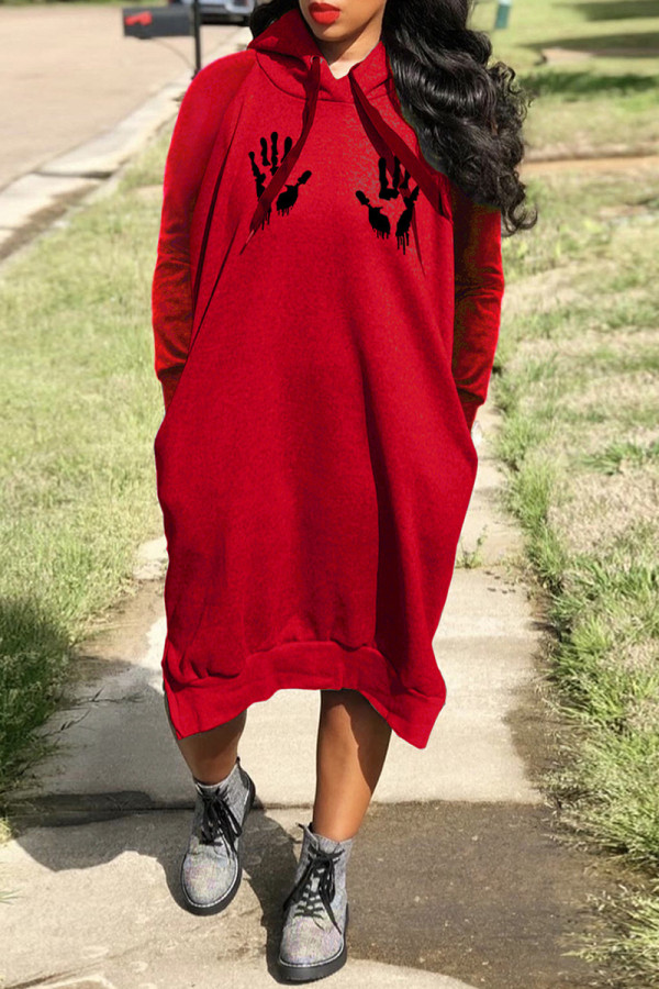 Red Casual Print Basic Hooded Collar Long Sleeve Dresses