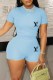 Blue Casual Print Letter O Neck Short Sleeve Two Pieces