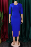 Royal Blue Casual Solid Patchwork Asymmetrical O Neck One Step Skirt Dresses