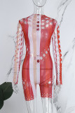 Red Sexy Casual Print Hollowed Out Turtleneck Skinny Romper