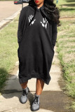 Red Casual Print Basic Hooded Collar Long Sleeve Dresses