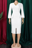 White Elegant Solid Patchwork Fold V Neck One Step Skirt Dresses