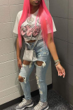 White Casual Daily Print Patchwork O Neck T-Shirts