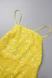 Yellow Sexy Solid Sequins Backless High Opening Spaghetti Strap Irregular Dress Dresses