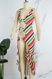 Multicolor Casual Striped Hollowed Out Patchwork Metal Accessories Decoration High Opening U Neck Irregular Dress Dresses