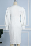 White Elegant Solid Hollowed Out Patchwork Slit O Neck One Step Skirt Dresses