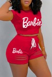 Red Casual Print Ripped Letter O Neck Short Sleeve Two Pieces
