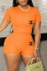 Orange Casual Print Letter O Neck Short Sleeve Two Pieces