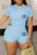 Blue Casual Print Letter O Neck Short Sleeve Two Pieces