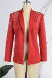 Red Casual Daily Solid Patchwork Beading Turn-back Collar Outerwear