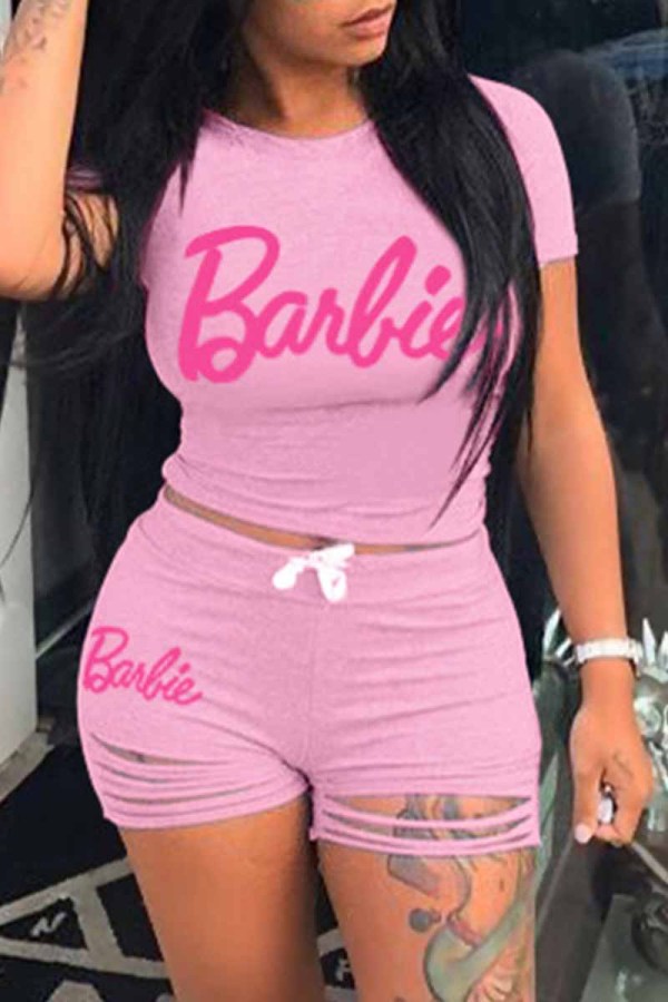 Pink Casual Print Ripped Letter O Neck Short Sleeve Two Pieces