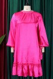 Rose Red Casual Solid Bandage Patchwork O Neck Straight Dresses