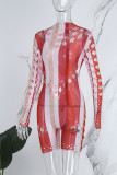 Red Sexy Casual Print Hollowed Out Turtleneck Skinny Romper