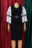 Red Casual Work Solid Patchwork With Belt O Neck One Step Skirt Dresses