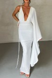 White Sexy Casual Solid Backless Asymmetrical V Neck Long Dress Dresses