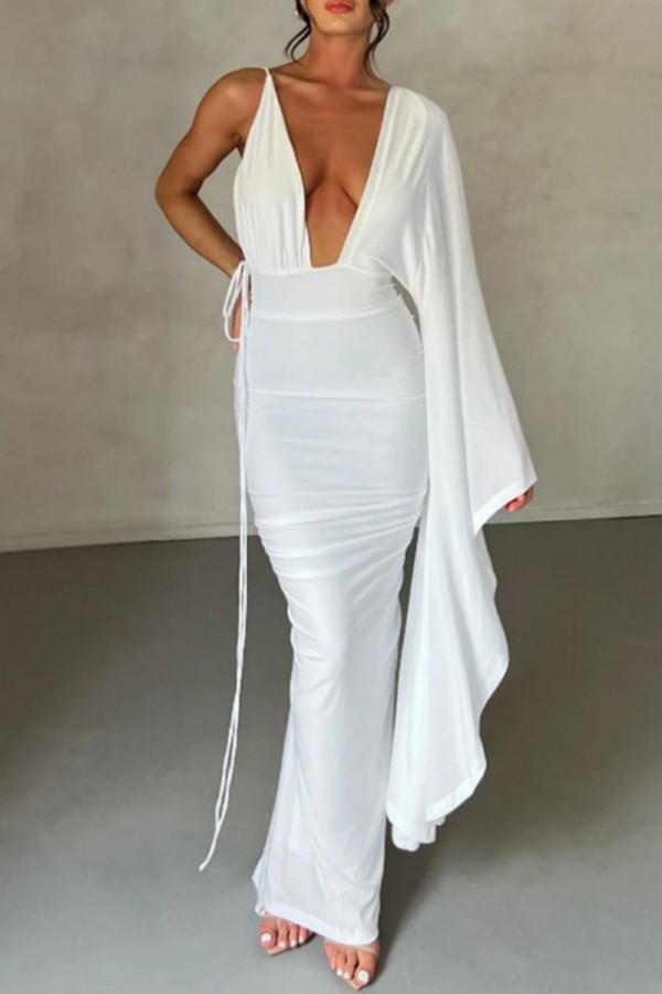 White Sexy Casual Solid Backless Asymmetrical V Neck Long Dress Dresses