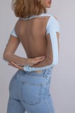 Blue Sexy Patchwork See-through Contrast Turtleneck Skinny Romper