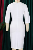 White Casual Work Solid Patchwork Fold O Neck One Step Skirt Dresses