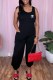 Black Casual Print Letter U Neck Jumpsuits
