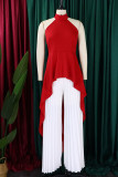 Red White Casual Solid Patchwork Asymmetrical O Neck Sleeveless Two Pieces