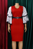 Red Casual Work Solid Patchwork With Belt O Neck One Step Skirt Dresses