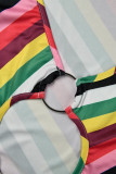 Multicolor Casual Striped Hollowed Out Patchwork Metal Accessories Decoration High Opening U Neck Irregular Dress Dresses