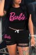Black Casual Print Ripped Letter O Neck Short Sleeve Two Pieces