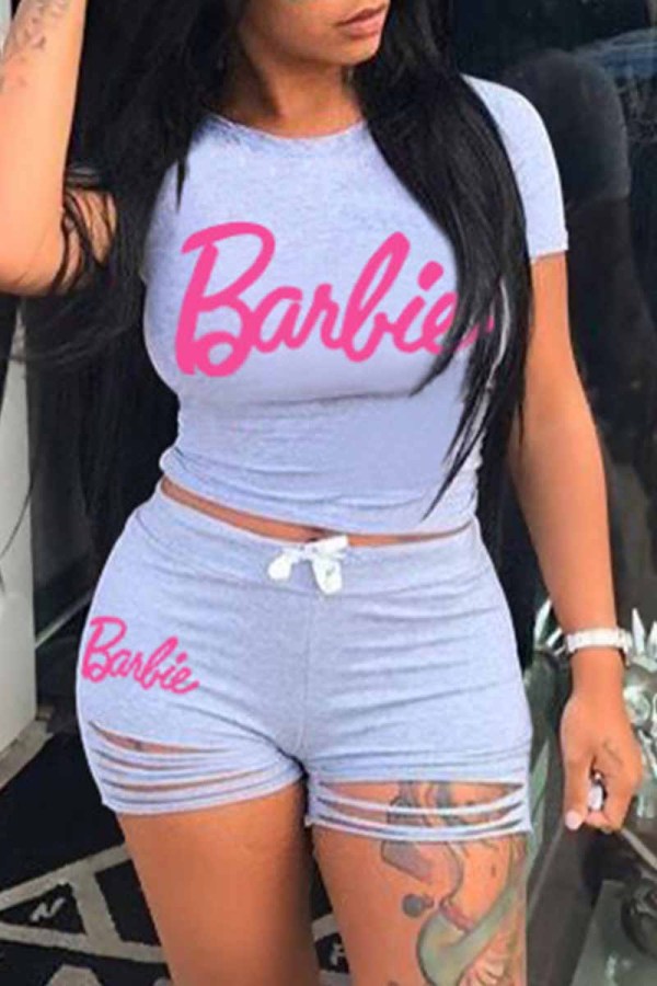 Grey Casual Print Ripped Letter O Neck Short Sleeve Two Pieces