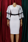 Black Casual Work Solid Patchwork With Belt O Neck One Step Skirt Dresses