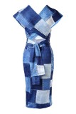 Dark Blue Casual Print Patchwork V Neck Pencil Skirt Dresses