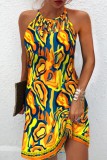 Yellow Casual Print Hollowed Out O Neck Sleeveless Dress Dresses