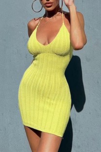 Yellow Sexy Solid Bandage Backless Halter Sleeveless Dress Dresses