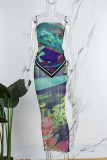Green Sexy Print Frenulum Backless Strapless Sleeveless Two Pieces