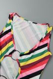 Multicolor Casual Striped Hollowed Out Patchwork Metal Accessories Decoration High Opening U Neck Irregular Dress Dresses