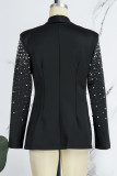 Black Casual Daily Solid Patchwork Beading Turn-back Collar Outerwear