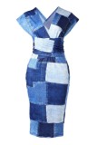 Dark Blue Casual Print Patchwork V Neck Pencil Skirt Dresses