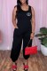 Black Casual Print Letter U Neck Jumpsuits