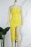 Yellow Sexy Solid Sequins Backless High Opening Spaghetti Strap Irregular Dress Dresses