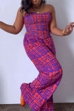 Fuchsia Casual Daily Elegant Print Printing Off the Shoulder Sleeveless Two Pieces