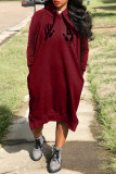 Red Casual Print Basic Hooded Collar Long Sleeve Dresses