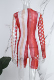 Red Sexy Casual Print Hollowed Out Turtleneck Skinny Romper