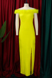 Yellow Sexy Elegant Solid Patchwork Feathers Slit Off the Shoulder Evening Dress Dresses