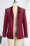 Burgundy Casual Daily Solid Patchwork Beading Turn-back Collar Outerwear