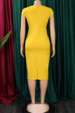 Yellow Elegant Solid Patchwork Square Collar One Step Skirt Dresses