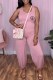 Pink Casual Print Letter U Neck Jumpsuits
