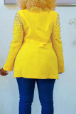 Yellow Casual Daily Solid Patchwork Beading Turn-back Collar Outerwear